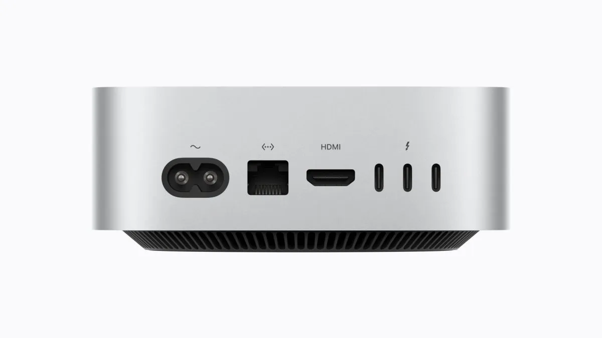 Il retro di Mac mini con le porte Thunderbolt, HDMI ed Ethernet.