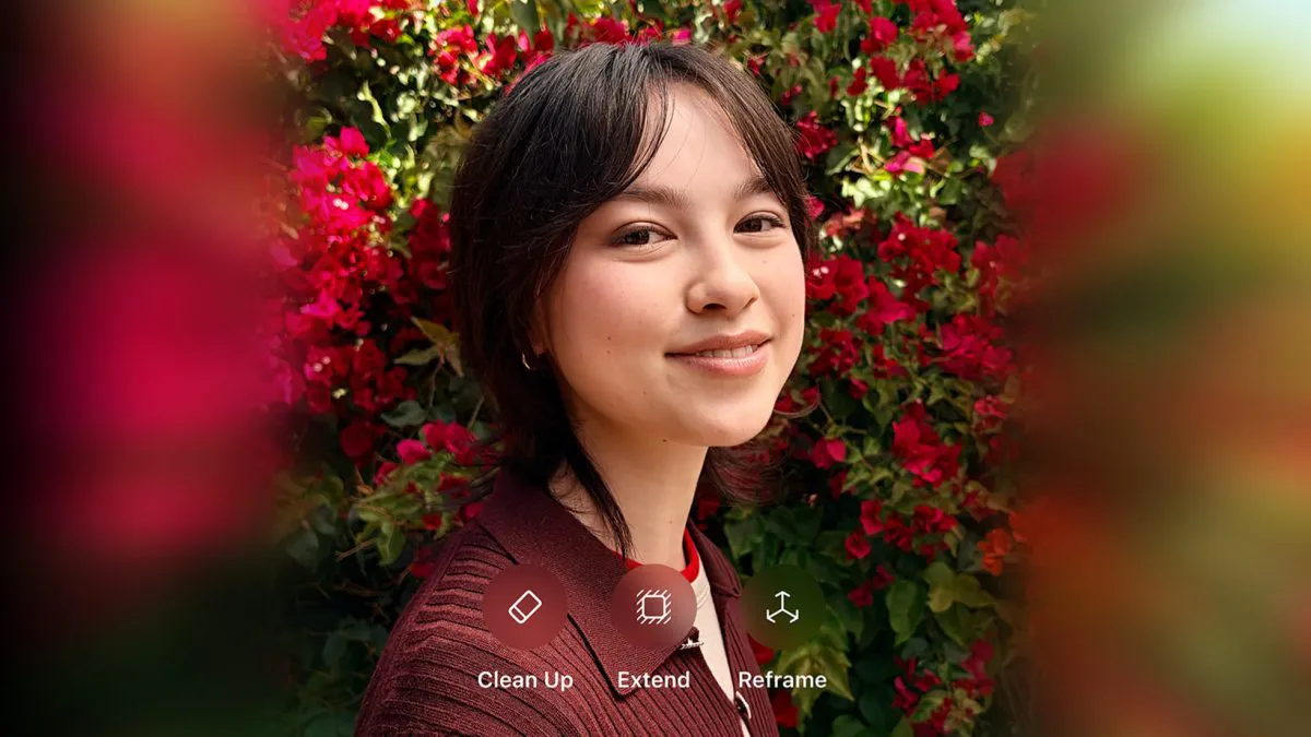 Il menu degli strumenti di fotoritocco dell’app Foto con Ripulisci, Estendi e Reinquadra.