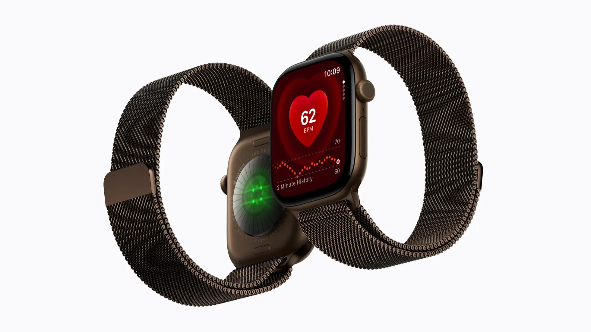 Due Apple Watch Series 12 affiancati: uno mostra i sensori sul retro, l’altro mostra l’app Battito sul quadrante.