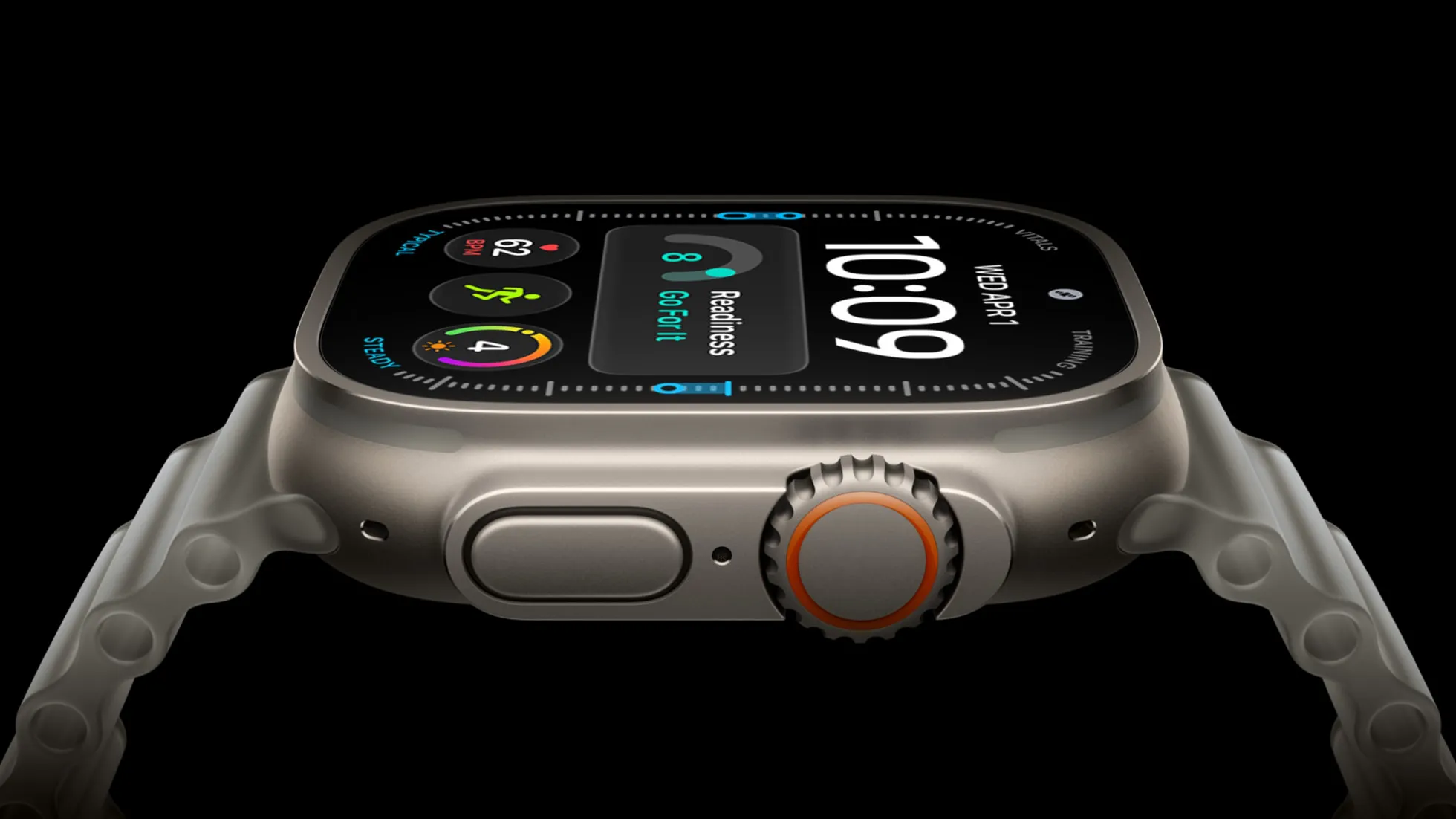 Primo piano di Apple Watch Ultra 4 di profilo.