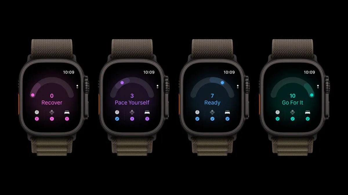 Quattro modelli di Apple Watch Ultra 4, ognuno mostra uno dei quattro consigli pratici disponibili disponibili su Readiness