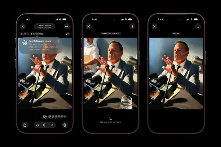 Tre iPhone 18 Pro che mostrano una Apple Reference Image che consente il confronto tra una fotografia originale e una versione modificata