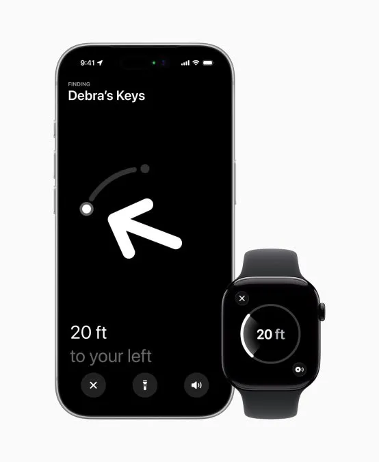 Un Apple Watch che mostra con Posizione precisa un oggetto a 6 metri di distanza.